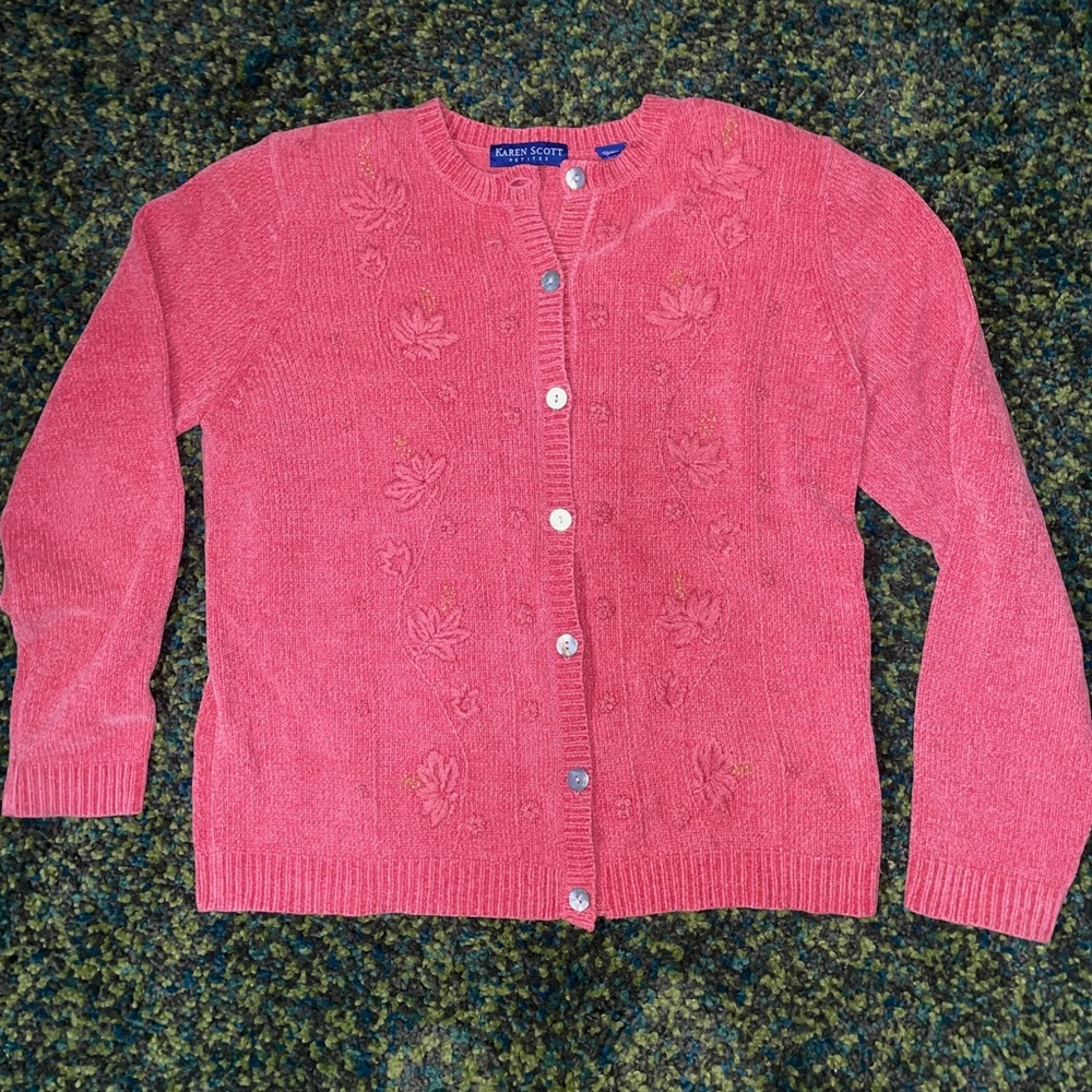Karen Scott Vintage Embroidered pink Crew Neck Cardigan - Petite Small